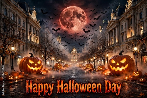 A spooky Halloween night on an old European city street featuring glowing jack-o'-lanterns, flying bats, and a large red full moon under a dark sky. Perfect for festive Halloween wallpaper and backgro
