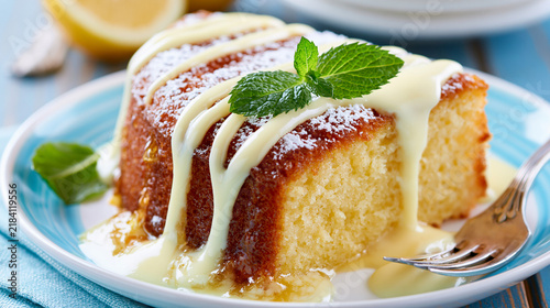 Plakat クリームとミントを添えたリモンチェッロケーキ