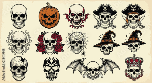 Halloween skull set with pirate witch hat pumpkin bat rose vector illustration