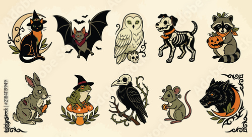 Spooky halloween tattoo flash set with animals and skulls