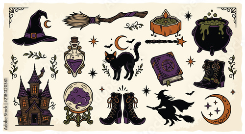 Vintage witch and halloween magic elements vector flash art set