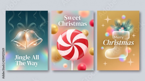 Set of three colorful christmas greeting cards with holiday candy and festive decorations in a flat design style