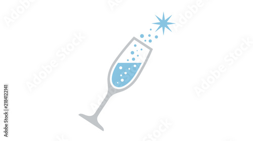 Minimal flat vector illustration of a tilted champagne flute glass with blue bubbles floating upward and a sparkling starburst above the rim celebration concept isolated on white background