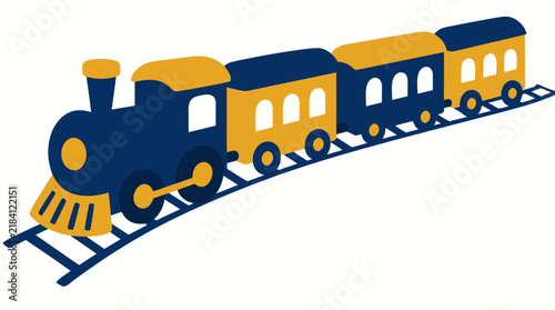Toy Train Illustration with Rounded Cars on Track, Bold Flat Vector Art in Navy Blue and Mustard Yellow, Minimalist Children's Design with Clean White Background, Cute Cartoon Locomotive with