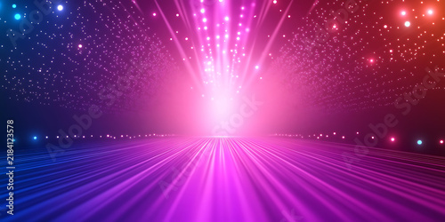 Vibrant display of colorful laser beams radiating from a central point in a dark space 