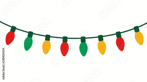 String of Christmas lights with alternating red green and gold colorful bulbs on dark green wire, festive holiday decoration vector illustration with bold flat colors on clean solid white background