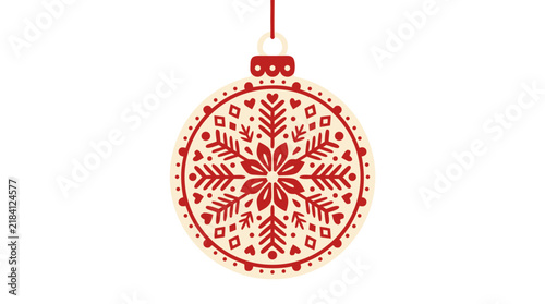 Scandinavian Ornament Ball with Folk Art Snowflake Motif, Flat Design in Cream and Red, Christmas Holiday Decoration Vector Illustration - professional high resolution detailed commercial stock