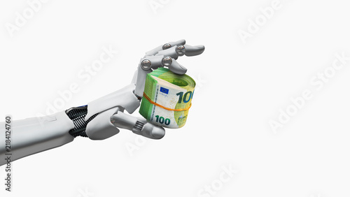 A robotic hand hands over a stack of euro banknotes, isolated against a plain background. Making money with AI.