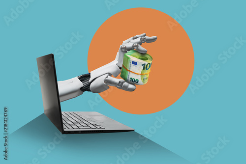 A robotic hand hands over a stack of euro banknotes, isolated against a plain background. Making money with AI.