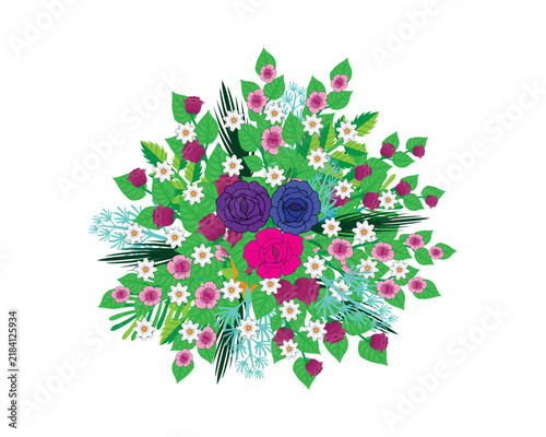 A festive, circular flower bouquet vector illustration featuring a variety of flower types and colors, including purple, blue, and pink.