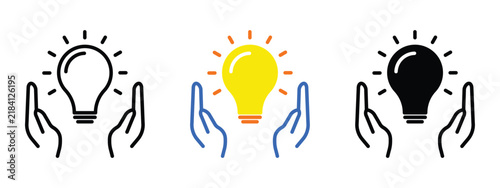 Lightbulb in hands vector icons set featuring idea protection, innovation, outline, flat colorful, and silhouette styles isolated on white background