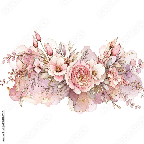 Soft pink rose floral header alcohol ink flower border clipart
