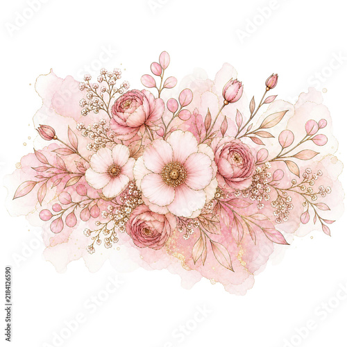 Blush pink floral border alcohol ink watercolor rose frame clipart isolated
