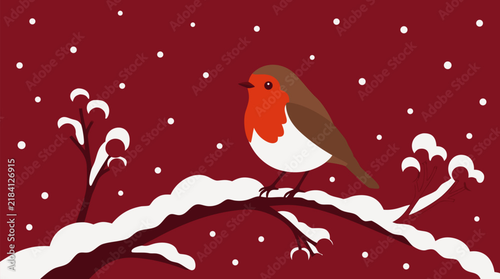 Fototapeta premium Christmas robin bird perched on snow covered branch with falling snowflakes, minimalist flat color vector illustration in burgundy red tones, winter wildlife nature scene, festive holiday decoration