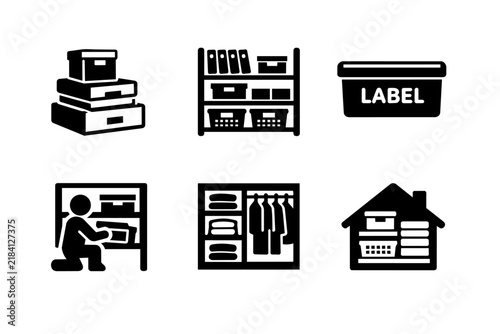 Home organization icons showing storing items in boxes, on shelves, in baskets, and neatly arranged clothes in a closet