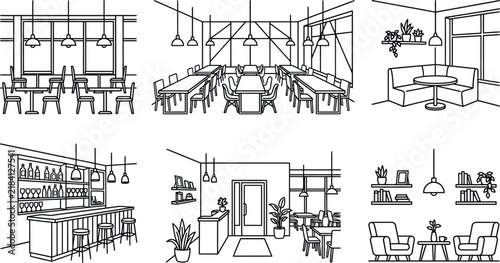Restaurant and Cafe Interior Layouts Line Art Vector Collection