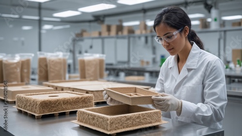 Female Scientist Evaluating Sustainable Packaging Materials in Laboratory