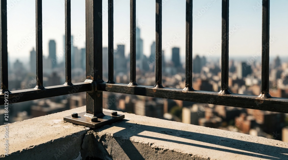 Obraz premium Metal balcony railing base on rooftop overlooking blurred city skyline. Concrete ledge, steel bars provide safety, perspective on urban sprawl. Daytime scene shows metropolitan construction details.
