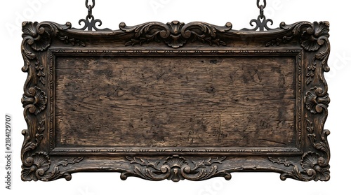 Vintage wooden sign with ornate carvings and chains hanging