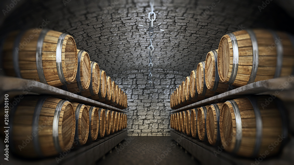 Obraz premium Stocked wine barrels across two sides of corridorof a wine cellar. 3D illustration