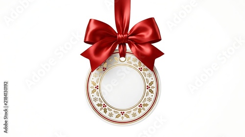 Christmas ornament with red ribbon on white background
