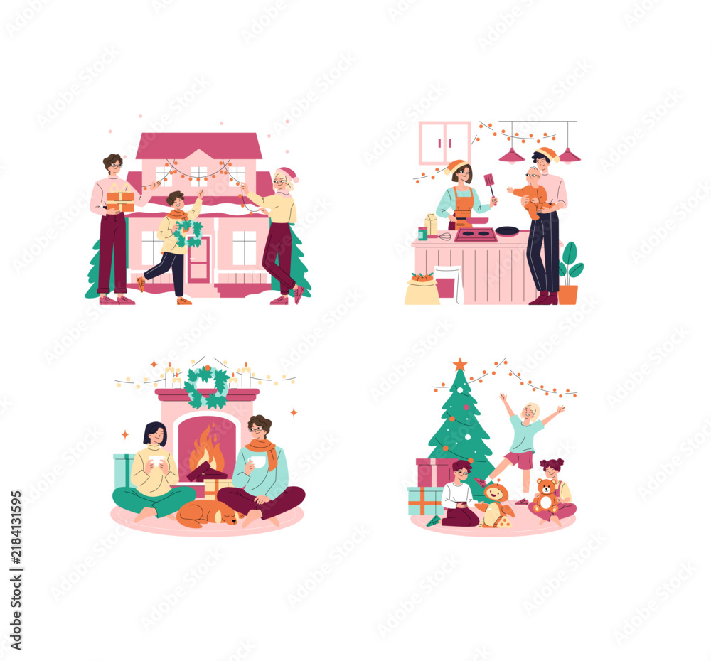Obraz premium Christmas family celebrating at home in festive scenes
