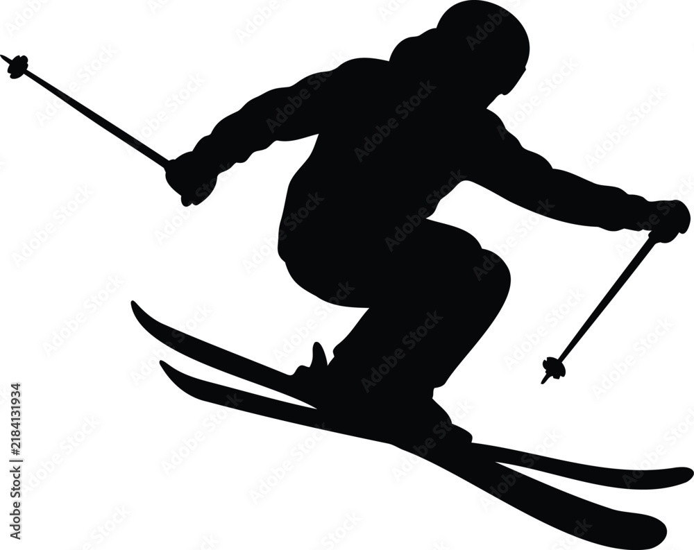 Obraz premium Black silhouette of a downhill skier in a crouched racing position, isolated on a white background, for winter sports, and travel