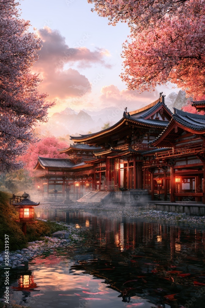 Obraz premium Serene row of traditional East Asian wooden pavilions with sweeping tiled roofs and lanterns at golden hour