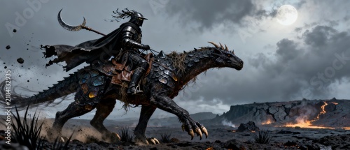 A dark armored warrior rides a fearsome dragon across a volcanic, fiery landscape under a full moon.