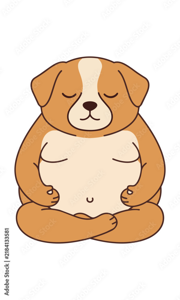 Fototapeta premium Minimalist chubby puppy sitting in a calm meditative pose with closed eyes in flat monoline style isolated on white background yoga and mindfulness concept