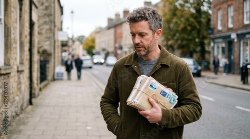 Middle-aged bearded man in olive jacket carrying stacked white envelopes tied with twine on quiet British urban sidewalk, autumn street scene