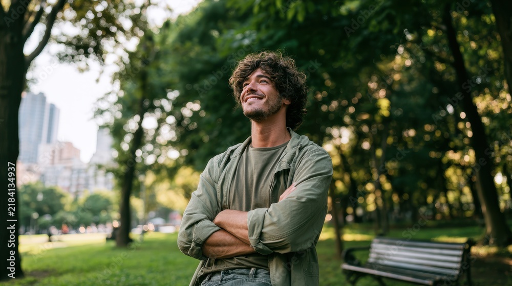 Obraz premium Outdoor lifestyle shot: smiling man in a park with crossed arms enjoying the blue sky