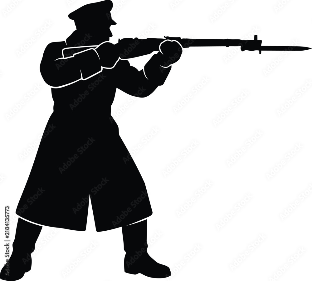 Obraz premium Black and White Soldier with Rifle and Bayonet Silhouette Vector Illustration
