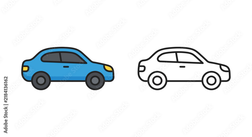 Naklejka premium Two car illustrations one colored and one line drawing on a white background