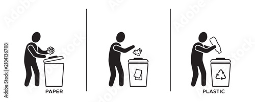 People dispose of paper, plastic, and organic waste into bins, illustrating proper recycling practices.