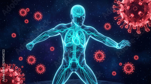 Human body silhouette with glowing neural networks and virus particles floating in space for medical research and science concept.