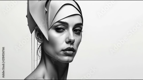 A woman wearing a paper hat in black and white