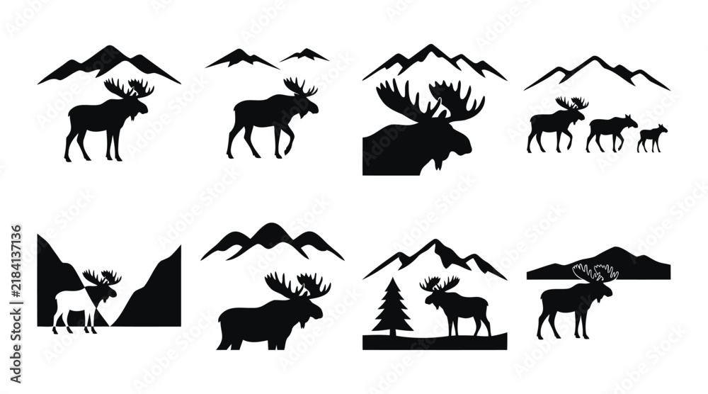 Fototapeta premium Set of black and white moose silhouettes, featuring various poses with mountain landscapes, pine trees, and wilderness scenery