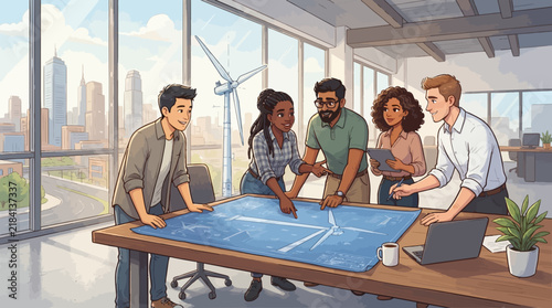 Green Energy Team Meeting: A diverse group of professionals collaborates around a blueprint in a modern office, with a wind turbine visible through the window.