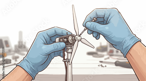 Repairing a Wind Turbine: Gloved hands meticulously assemble a miniature wind turbine, showcasing the intricate process of renewable energy technology maintenance and innovation.