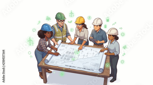 Team of Engineers Reviewing Blueprint: A diverse team of engineers, wearing hard hats, gathers around a table to meticulously examine a large blueprint.