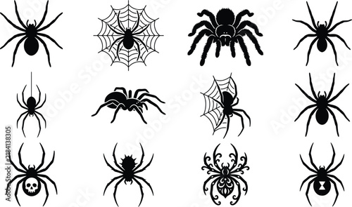 Set of black spider silhouettes isolated on white background perfect for spooky halloween party decoration and design projects