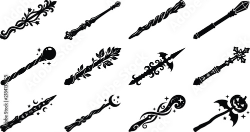 Set of twelve hand drawn magic wands and wizard staffs for your creative halloween design project themes