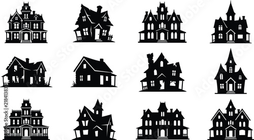 A collection of black silhouette icons featuring various spooky haunted houses for your creative halloween design projects