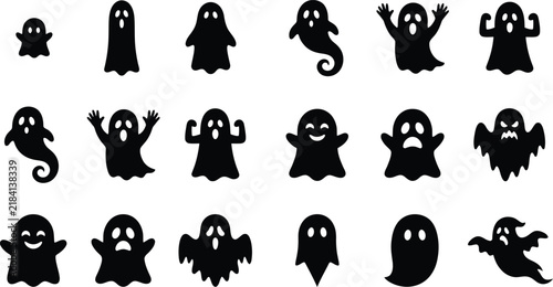 Set of various black ghost silhouettes isolated on white background for your creative halloween party design projects