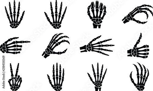 Set of various skeleton hand gestures and bone anatomy poses for creative halloween themed graphic design projects