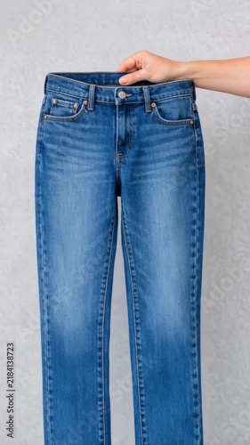 A person holding up a pair of jeans