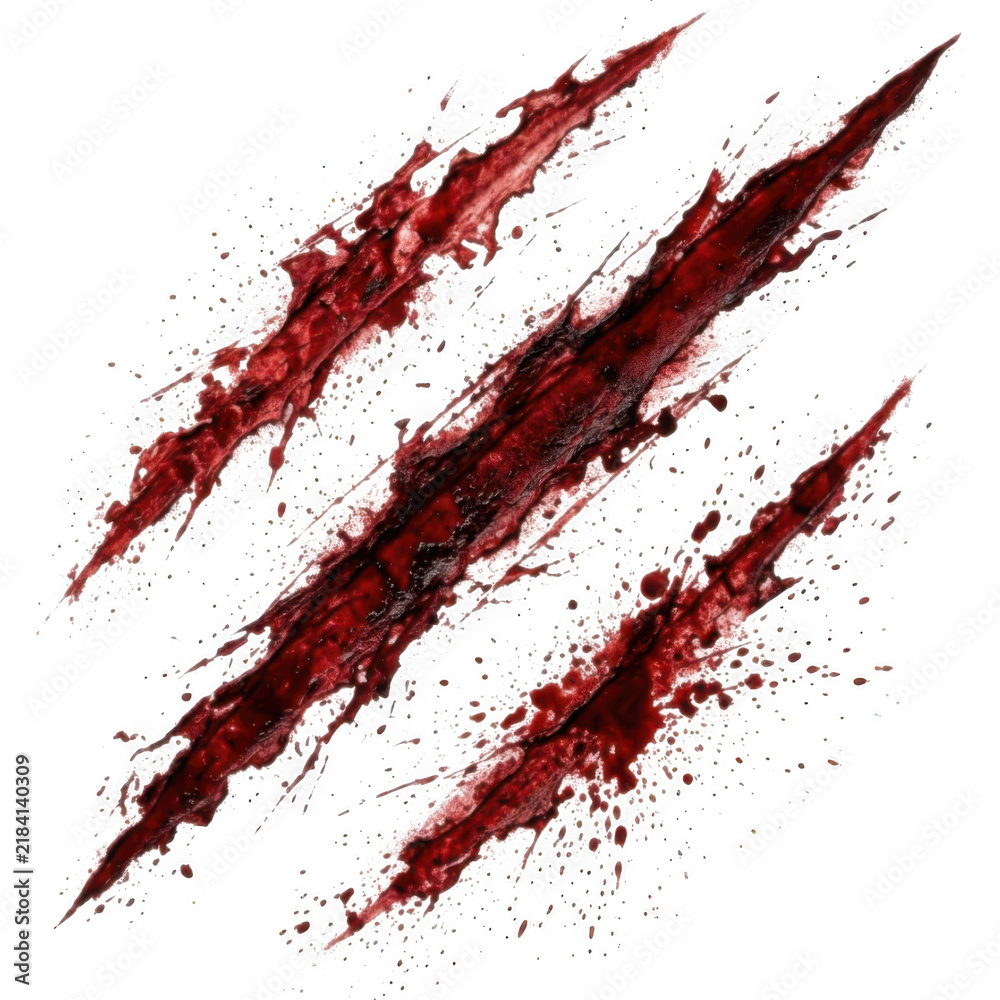 Obraz premium Three deep red bloody claw marks or scratches isolated on transparent background