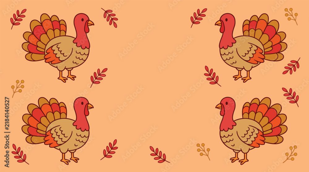 Obraz premium A festive thanksgiving background featuring cute hand drawn turkey illustrations on a soft orange autumn colored backdrop