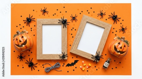 Halloween flat lay with two wooden frames, pumpkins, spiders, and decorations on orange background